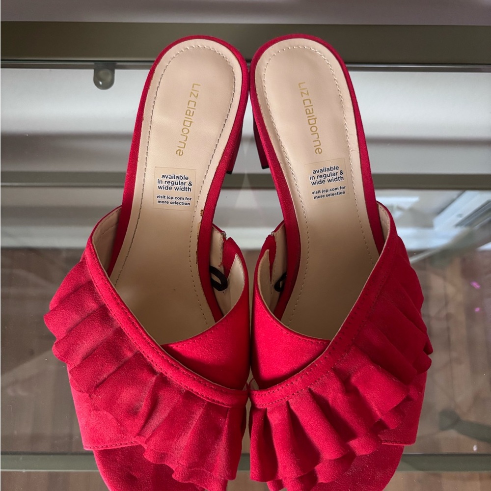 NWOT Liz Claiborne Red Ruffle Mules - Picture 3 of 5